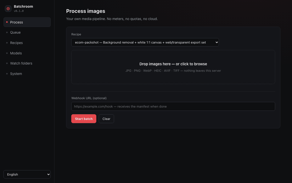 Batchroom demo: drop product photos, pick a recipe, watch the queue process them, compare before and after